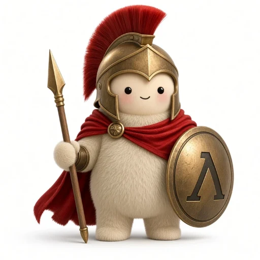 Leonidas, a plush muse in a crested bronze helmet and crimson cape, with a spear and a lambda shield